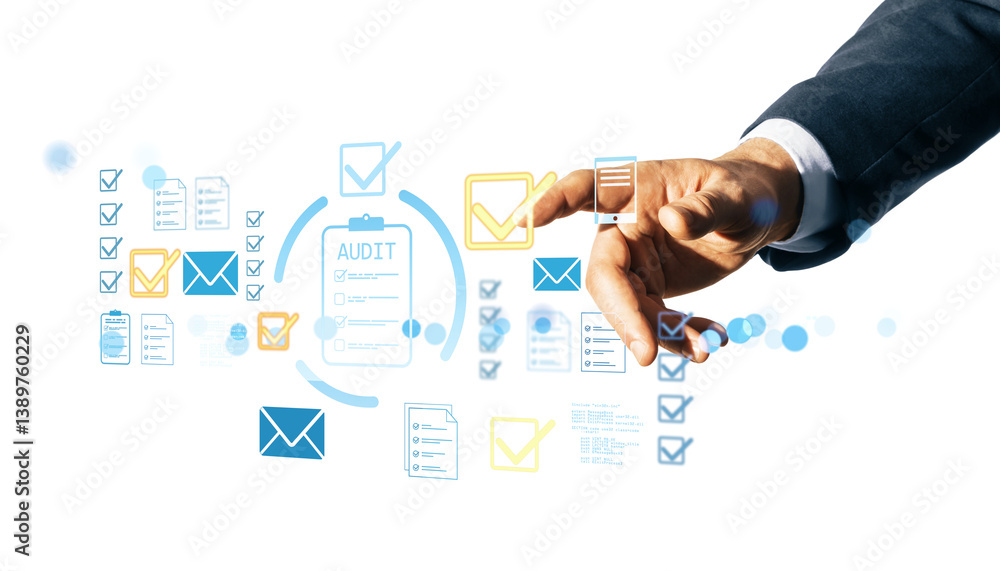 Poster hand of person touching floating checkmark, email, and audit icons in modern digital layout on white