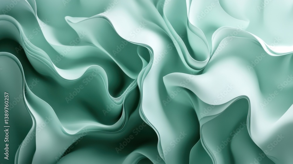 Poster textured green fabric with flowing waves highlighting delicate folds and patterns in soft lighting