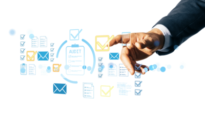 Hand of person touching floating checkmark, email, and audit icons in modern digital layout on white background, concept of virtual confirmation