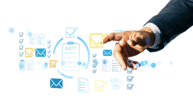 Hand of person touching floating checkmark, email, and audit icons in modern digital layout on white background, concept of virtual confirmation