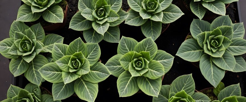 Diverse Green Plants, A Row Of Unique Textures. Vibrant Leaf Patterns Stand Out. Natural Beauty And Lush Foliage Displayed. Indoor Garden.