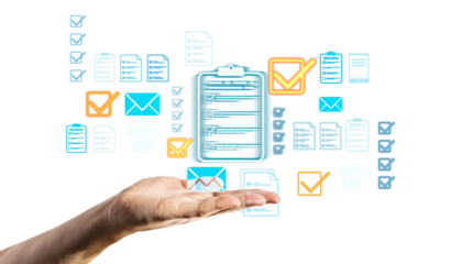 A hand holding floating checklist, document, and email icons in a clean light style on white background, concept of digital organization and workflow
