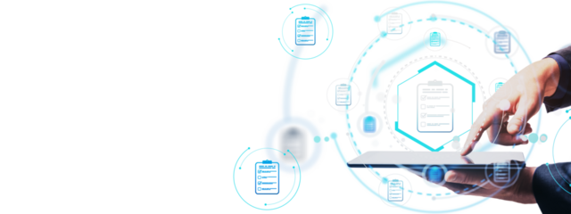 Closeup of hand interacting with tablet, surrounded by holographic checklists and icons, on white background, concept of digital business strategy