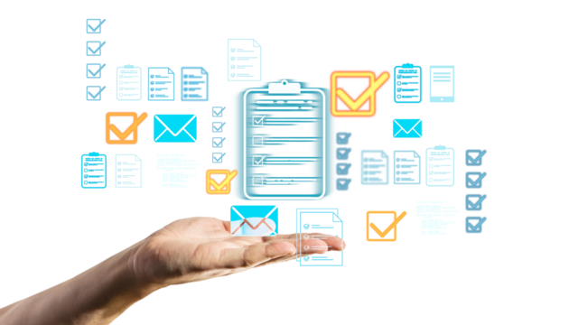 A hand holding floating checklist, document, and email icons in a clean light style on white background, concept of digital organization and workflow