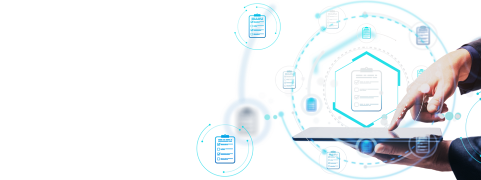 Closeup of hand interacting with tablet, surrounded by holographic checklists and icons, on white background, concept of digital business strategy - Powered by Adobe