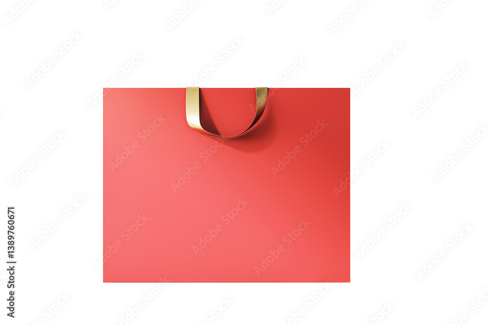Poster minimal red shopping bag with shiny gold handle isolated on clean white background, 3d rendering, co