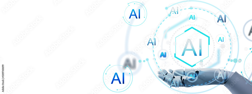 Fototapete Robotic hand with AI symbols and digital neural network elements on white background, 3D Rendering, symbolizing artificial intelligence concept