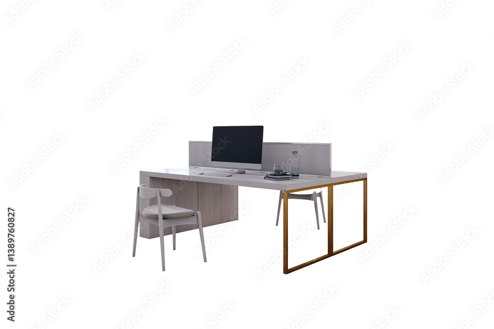 Poster contemporary office desk setup with computer, chairs, and accessories in clean layout style, isolate