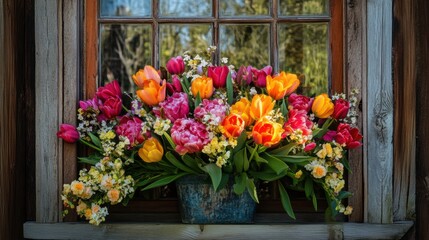 Window tulips roses bouquet. Generative AI