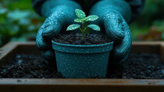 Caring hands plant a new sprout in a pot