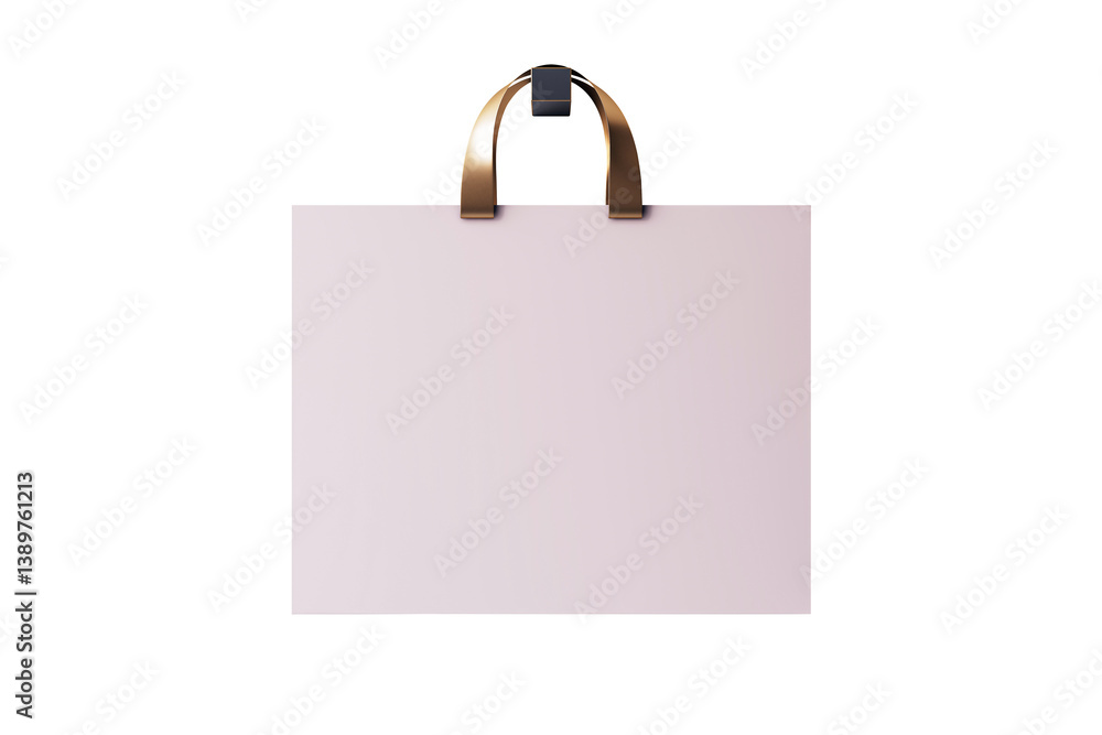 Poster empty shopping bag mockup with golden handle in clean front view, isolated on white background, for 