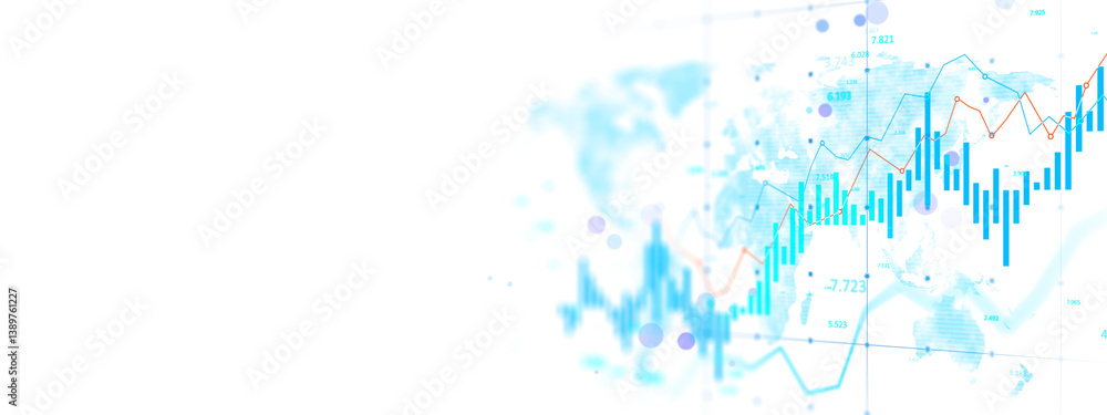 Poster Blue market chart and financial graphs with global map pattern on white background, showing investment growth and stock analysis concept. 3D Rendering