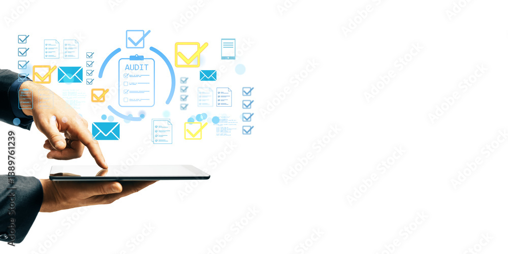 Poster person in formal attire interacting with digital audit checklist icons on a tablet, clean layout on 