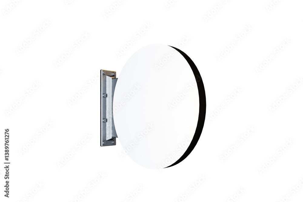 Poster blank circular wall signboard mounted on a metal bracket, isolated style on white background. concep