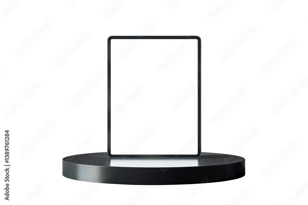 Poster Digital tablet with blank screen on black platform, isolated on white background, clean layout for branding, product display, or copyspace. 3D Rendering