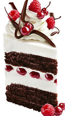 Realistic Slice of Black Forest Cake with Raspberries and Cherries on a Transparent Background