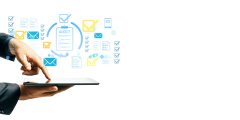 Person in formal attire interacting with digital audit checklist icons on a tablet, clean layout on...