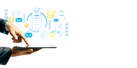 Person in formal attire interacting with digital audit checklist icons on a tablet, clean layout on isolated white background, concept of digital review