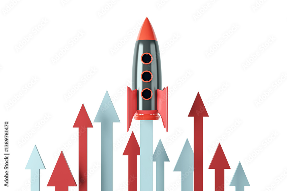 Poster 3d rendering of a rocket launching surrounded by red and blue upward arrows isolated on white backgr