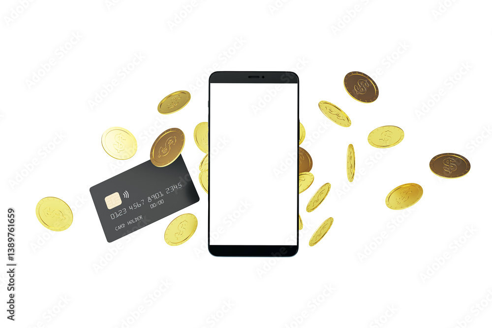 Poster smartphone with empty screen, credit card, and gold coins isolated on white background. 3d rendering