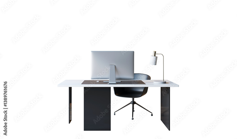 Poster sleek modern office desk with desktop monitor, black chair, and lamp in clean layout style, isolated