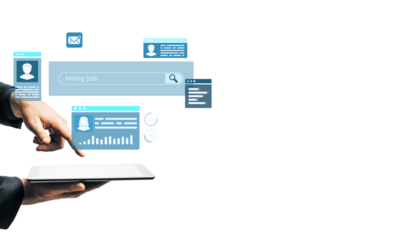 Person using tablet with online job search interface, minimal graphic style, on isolated white background. Concept of digital recruitment