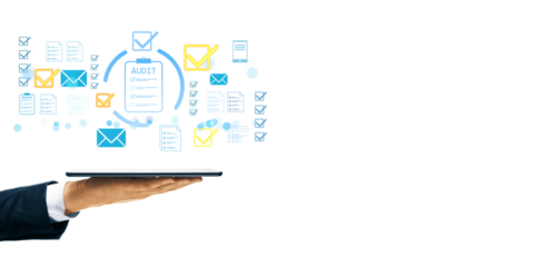 Businessperson holding tablet with audit and checklist icons, light graphic style, isolated on white background, concept of digital organization