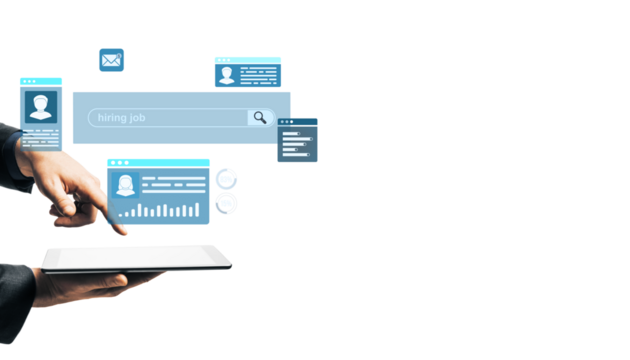 Person using tablet with online job search interface, minimal graphic style, on isolated white background. Concept of digital recruitment
