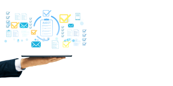 Businessperson holding tablet with audit and checklist icons, light graphic style, isolated on white background, concept of digital organization