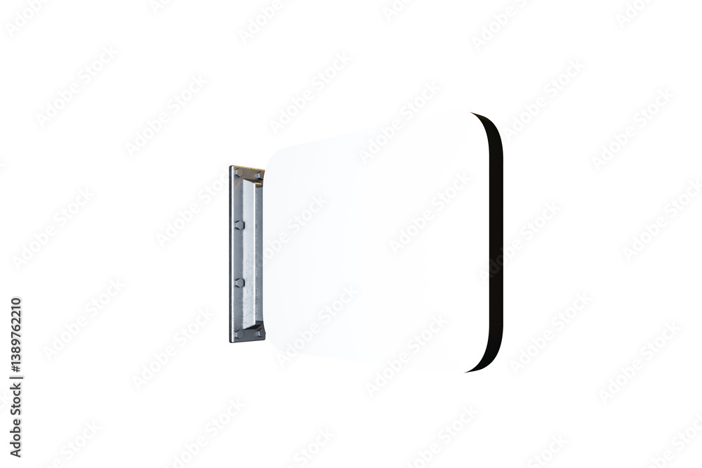 Poster blank rectangular wall-mounted sign with metal bracket, clean realistic style, isolated on white bac