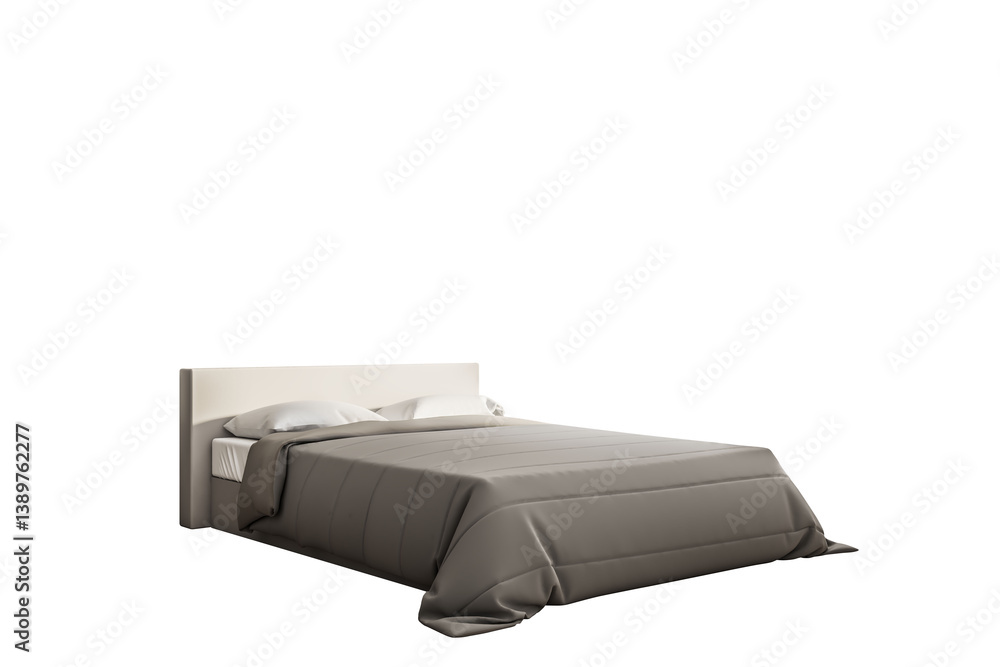 Poster double bed with white pillows and gray bedding, clean style on white background. 3d rendering. conce