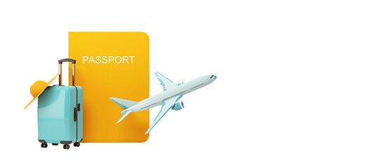 Luggage, passport, airplane and hat in clean 3D rendering style isolated on white background, representing vacation travel concept template element