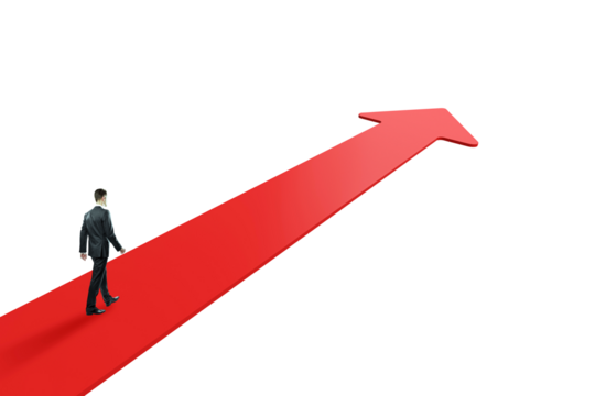 Businessman walking on a red upward arrow, isolated on white background, symbolizing leadership, growth, and success in a clean layout