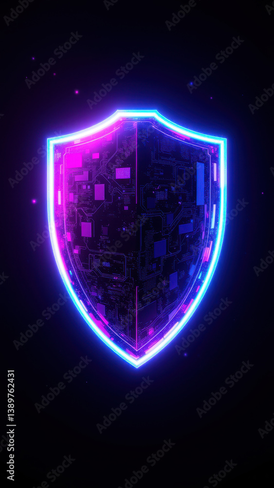 Poster digital shield with glowing neon outline representing internet security.