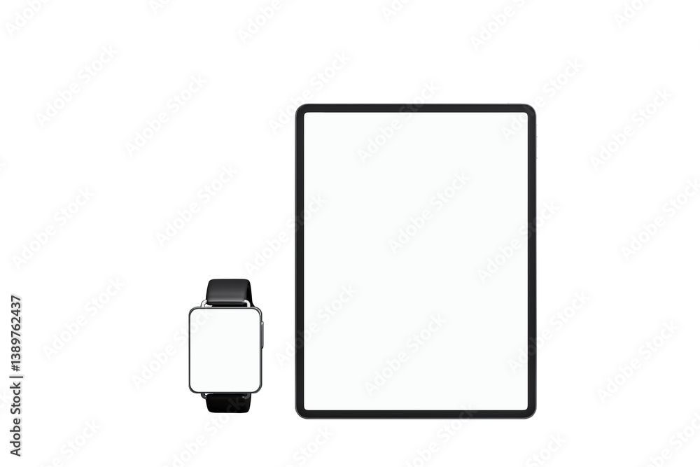 Poster blank smartwatch and tablet device mockup, clean digital layout style, isolated on white background.