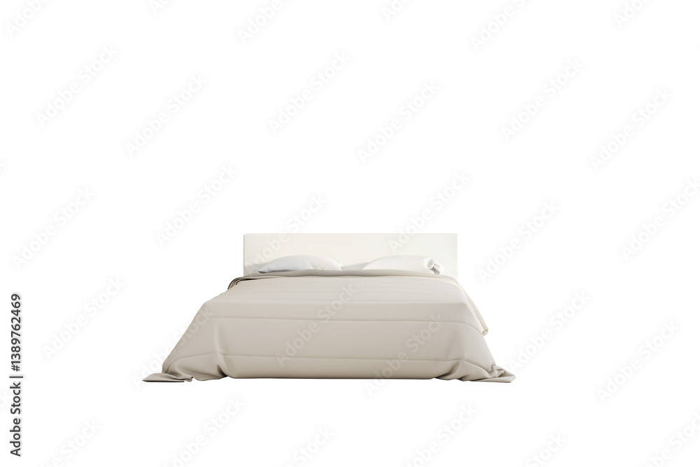 Poster double bed with soft beige bedding and white headboard isolated on clean white background, closeup c