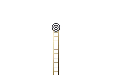 Golden ladder leads to black and white target, isolated on white background, clean layout symbolizing abstract goal reaching concept, 3D Rendering