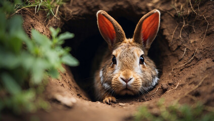 Fototapeta premium Close-Up Portrait of a Rabbit in a Hole, Capturing the Essence of Wildlife