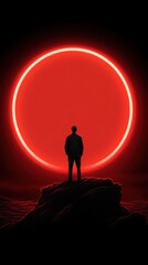 A solitary figure stands on a rocky outcrop, silhouetted by a massive red sun setting on the horizon. The scene evokes a sense of awe and wonder, blending nature with surrealism