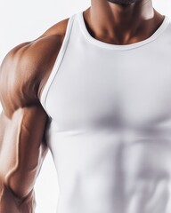 Nahaufnahme eines muskulösen männlichen Oberkörpers in weißem Sportshirt vor hellem Hintergrund