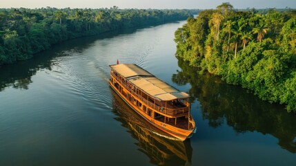 Wooden boat jungle journey. Generative AI