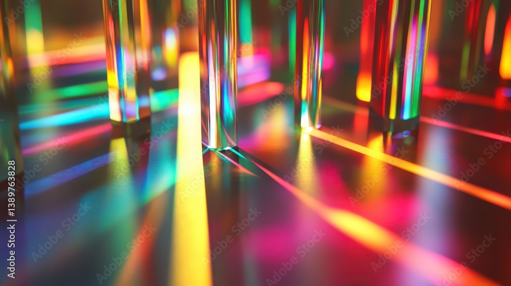 Wall mural light interacts with transparent objects, creating vibrant reflections and colorful patterns on a sm