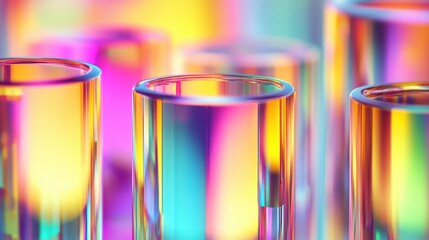 A series of transparent glass cylinders catch colorful reflections and refractions of light, creating a visually striking effect in a contemporary art space during an exhibition