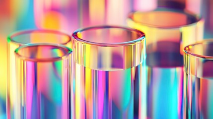 Brightly colored test tubes stand upright, each filled with clear liquid. Light reflects off their surfaces, creating a stunning array of colors in a laboratory environment