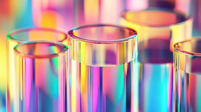 Brightly colored test tubes stand upright, each filled with clear liquid. Light reflects off their surfaces, creating a stunning array of colors in a laboratory environment