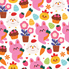 Fototapeta premium seamless pattern cute cartoon bunny with chicken and cute stuff. cute wallpaper and background