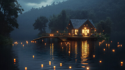 Obraz premium Cozy house on lake island with glowing lights and footbridge at dusk