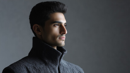 Fototapeta premium Confident young businessman in formal suit with focused expression in minimalist office with soft window light, representing success and professionalism