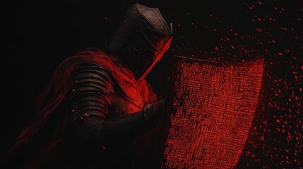 A knight in futuristic armor holding a shield made of encrypted data.