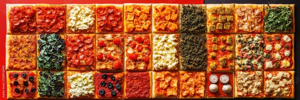 Poster Overhead view of colorful pizzas arranged in a vibrant chessboard pattern with diverse toppings and sauces